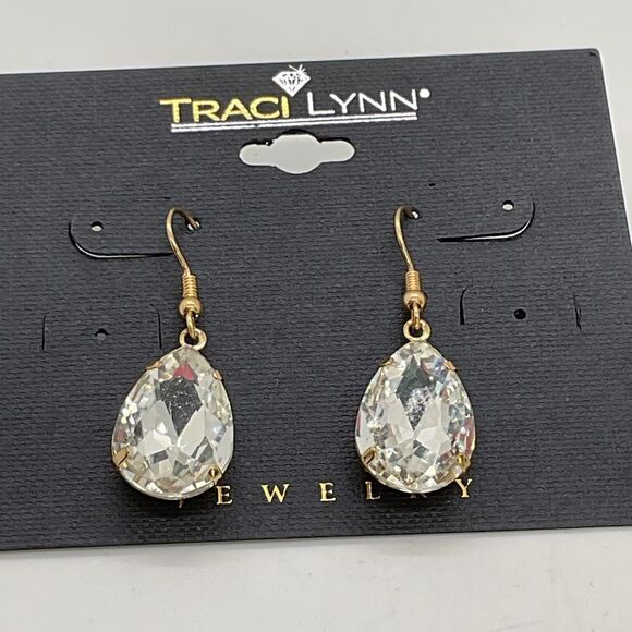 Traci Lynn Gold Toned Clear Teardrop Dangle Earrings - Picture 1 of 1
